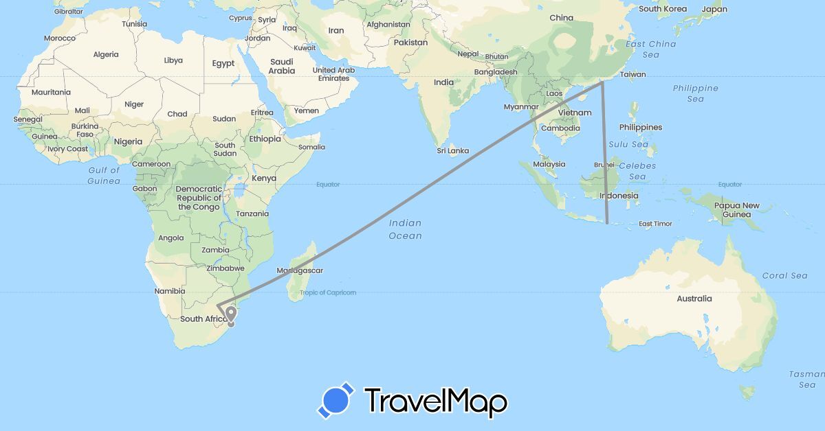 TravelMap itinerary: driving, plane in China, Indonesia, South Africa (Africa, Asia)